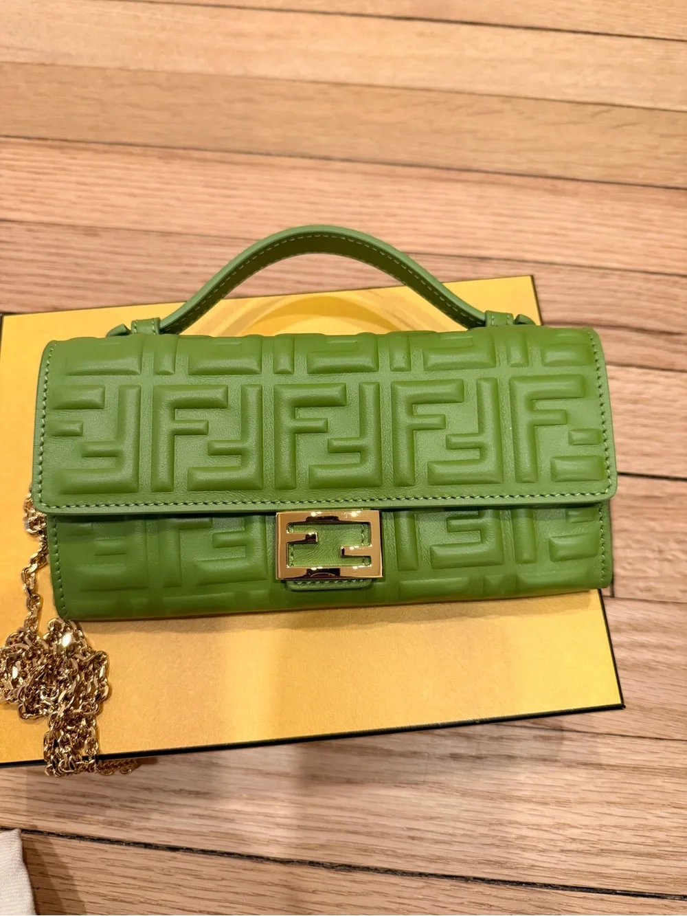 Fendi Lime Green Mini Baguette with Gold Chain - Picture 4 of 6